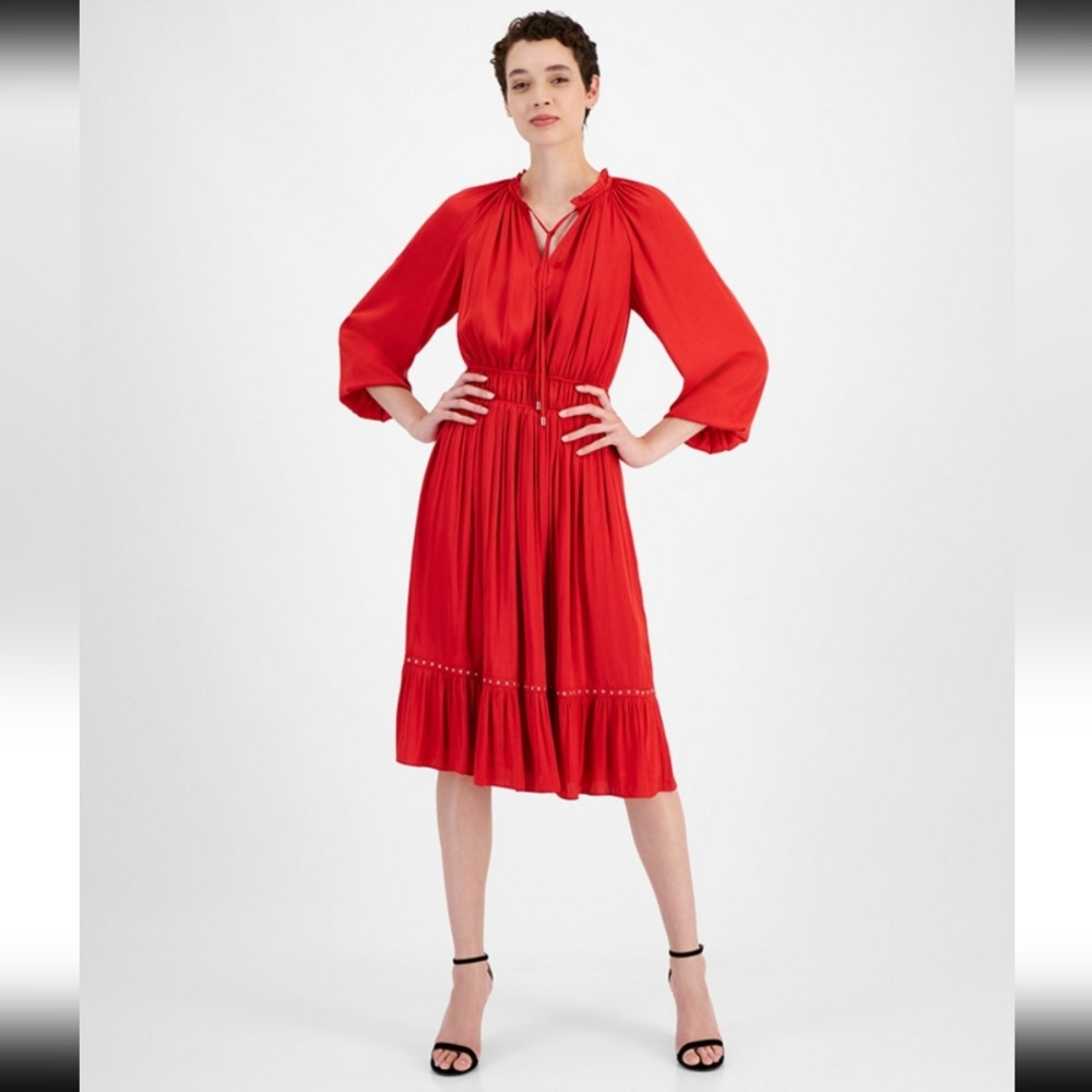 Tahari Women's Split-Neck 3/4-Sleeve Tiered Dress